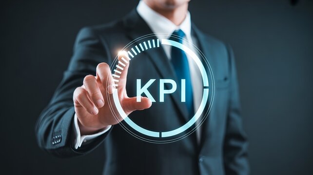 Professional businessman touching a glowing digital interface showing key performance indicators for modern corporate growth strategy