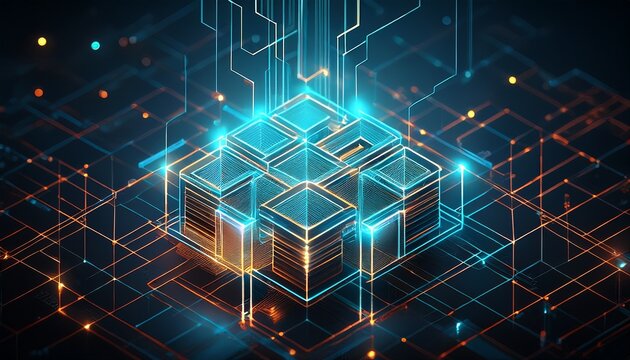 abstract modular system background floating geometric blocks connected by glowing lines