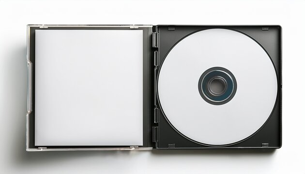 top down view of an open compact disc jewel case with a blank white disc and paper insert for a mockup