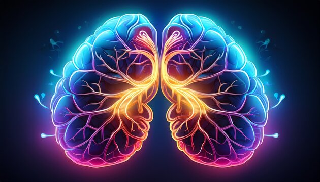 glowing lungs and brain connected by neon light symbolizing health and medical concepts in a dark background