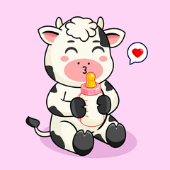 Obraz premium Cute Baby Cow Drinking Milk from Bottle Milk Baby Vector Illustration Kawaii Animal