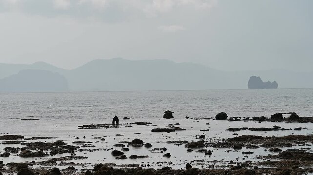Man walks across rocks at Klong Muang Beach