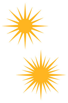 Golden sunburst icon set. Radiating sunshine shapes with long light rays, celestial starbursts, solar symbols for logos, branding, planners, social media, stickers, decorative design. High-res PNG