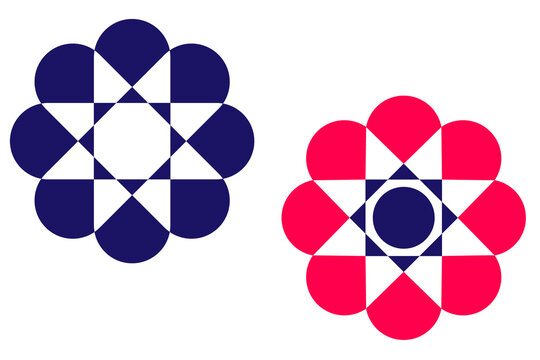 Geometric flower rosette icons PNG isolated on transparent background. Symmetrical floral emblems with petal patterns, decorative circular centers, ideal for logos, branding, packaging, social media