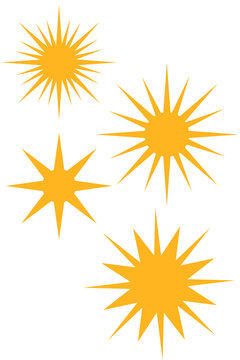Golden sunburst star icon set isolated on transparent background. Sunshine symbols, radiant starburst shapes, celestial spark for logos, stickers, branding, boho design, invitations. High-res PNG
