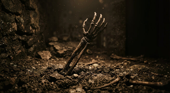 Skeleton arm reaching out of rocky dirt and rubble. Dark cave environment with floating dust particles. Macabre horror and death concept