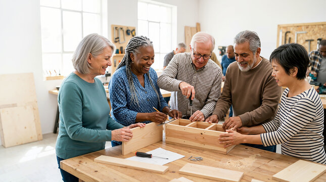 Diverse group of seniors working together on a woodworking project. Active elderly people in a carpentry workshop. Senior cooperation and hobby concept
