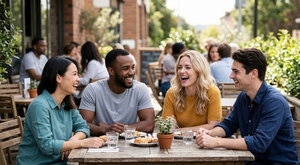Obraz premium Diverse group of friends laughing at an outdoor cafe table. Happy men and women enjoying a meal together. International Friendship Day concept