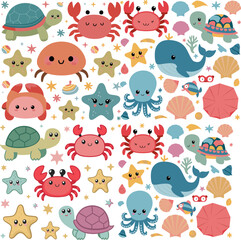 Fototapeta premium Cute Sea Animals Background Colorful Ocean Creatures Cartoon Illustration