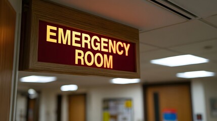Fototapeta premium A close up view of a wooden sign indicating an emergency room in an institutional setting