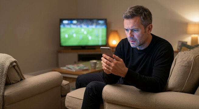 Middle aged man using a smartphone while watching a soccer match on television. Sports betting and second screen entertainment at home