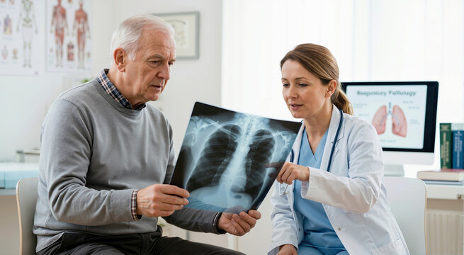 Pulmonologist explaining chest x-ray to elderly patient. Senior man consulting doctor about emphysema diagnosis and respiratory pathology