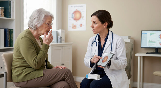 Senior patient discussing dry eye syndrome with ophthalmologist. Elderly woman consulting eye doctor about tear production deficiency and lubricating drops prescription
