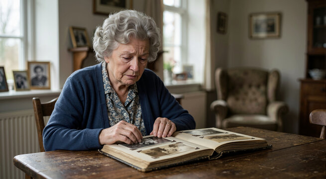 Sad elderly woman looking at old photograph album. Lonely senior widow grieving over lost spouse at wooden table. Emotional isolation and memory loss concept