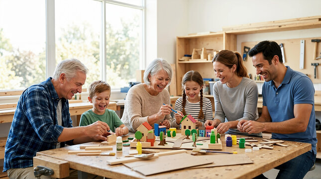 Multi-generational family building a toy village in a workshop. Grandparents, parents, and children crafting together. Teamwork and creativity concept