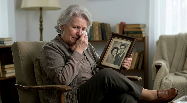 Elderly woman crying while holding old framed photograph. Grieving senior female mourning loss of husband. Severe geriatric loneliness and depression concept