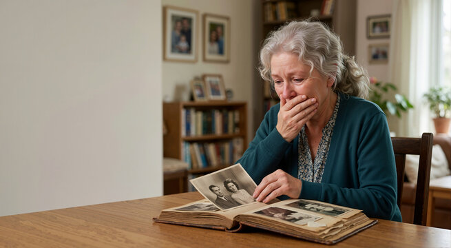 Grieving elderly woman crying over old photograph album. Sad senior widow mourning lost spouse at wooden table. Emotional isolation and deep sadness concept