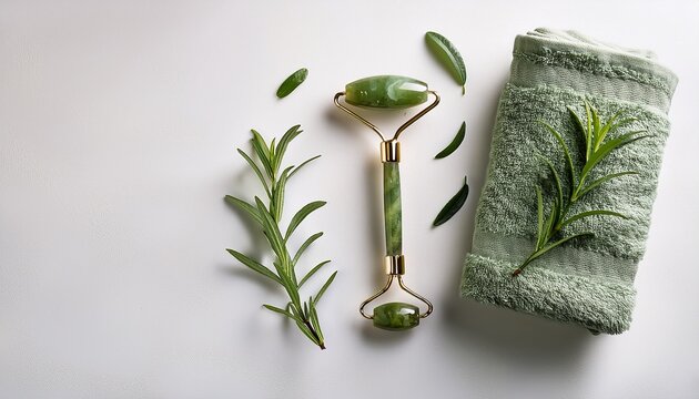 a flat lay of a jade roller face mask and towel with herbs on a white surface