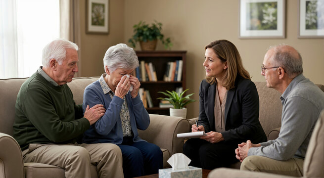 Grieving senior couple receiving bereavement counseling from a therapist. Elderly family members getting professional grief support and emotional aid after a loss