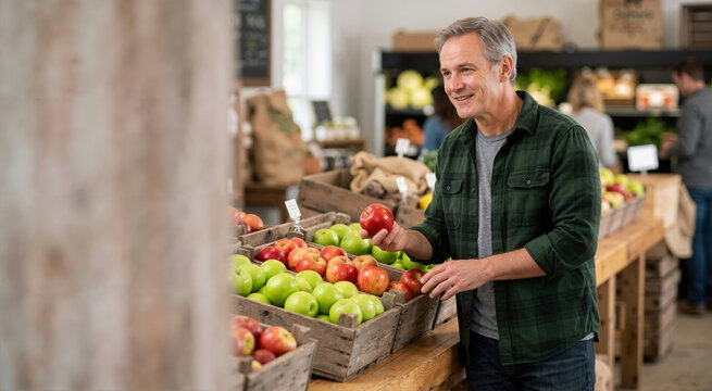 Middle aged man shopping for fresh apples in a rustic farm market. Smiling male customer holding a red fruit from a wooden crate. Apple Saviour