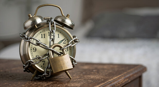 Vintage alarm clock wrapped in chains with a brass padlock. Time limit and addiction control concept