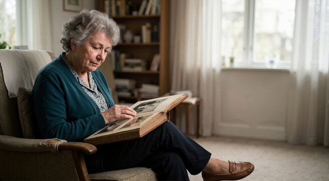 Elderly woman looking at old photograph album in armchair. Senior female remembering past memories at home. Loneliness and nostalgia in old age concept