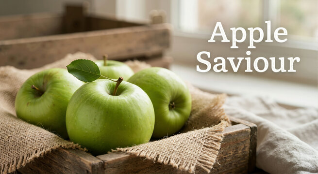 Close up of fresh green apples with a leaf in a rustic wooden crate. Healthy organic fruit harvest. Apple Saviour text