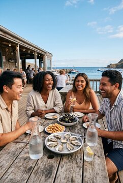 Diverse group of friends laughing and eating fresh seafood at an outdoor coastal restaurant