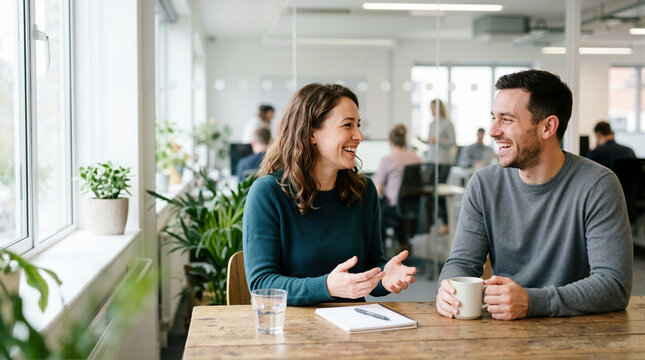 Friendly colleague chat in a modern office. Smiling man and woman having a casual business discussion at a wooden table. Teamwork and workplace communication concept