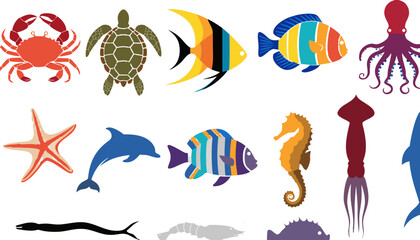 Colorful marine life collection with crab turtle fish dolphin seahorse and octopus on white background © NB_Visual_Work