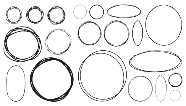 Hand drawn circles and ovals in various styles for design elements during white background isolation