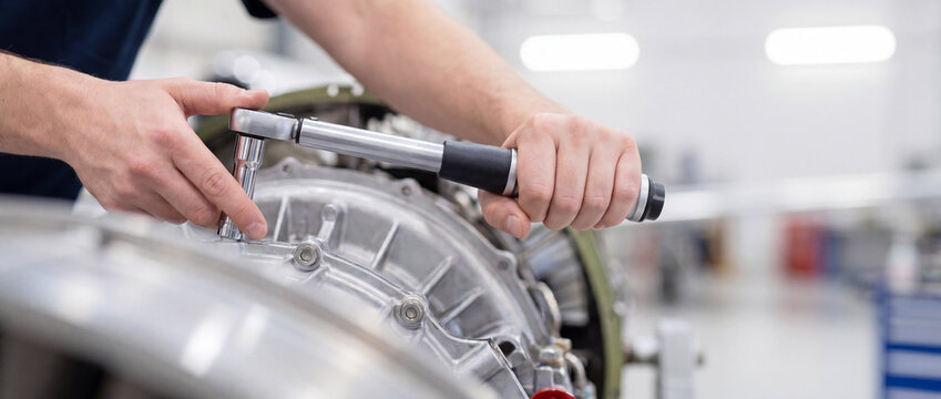 Aircraft engine maintenance technician using torque wrench on metallic turbine component in hangar workshop