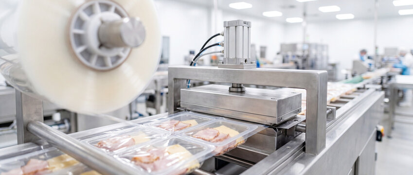 Automated food packaging line with vacuum sealed deli meat trays in modern factory production