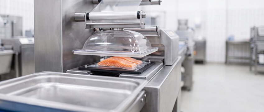 Fresh salmon fillet vacuum packaged on industrial food processing packaging machine in clean factory
