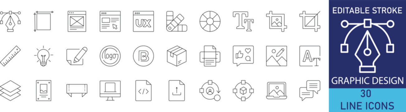 Graphic design icon set. Minimalistic linear icons representing creative process, branding, typography, vector tools, and artwork studio.