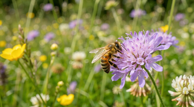 Honeybee pollinating a purple wildflower in a sunny meadow. Close-up of bee on flower in spring garden. Nature and biodiversity concept