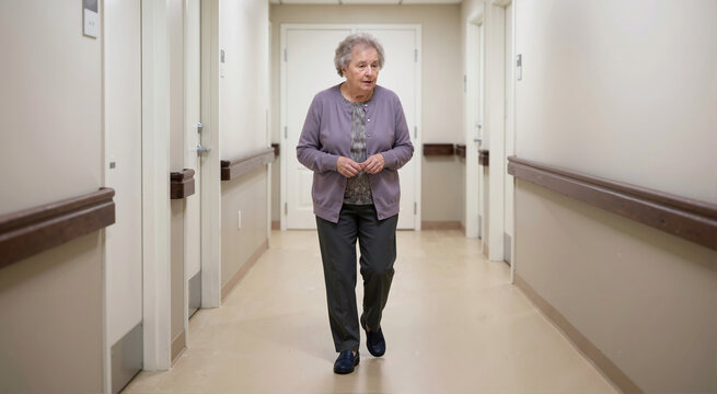 Elderly woman wandering in a care facility hallway. Senior female patient showing signs of confusion and spatial disorientation from Alzheimer's disease or dementia