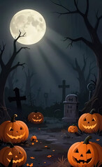 Fototapeta premium Halloween background with bats, trees, tombstones and pumpkins with a castle.