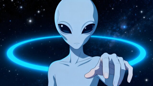 Blue alien in space with glowing ring