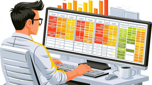 Focused professional man working on a large computer monitor with colorful data charts and spreadsheets