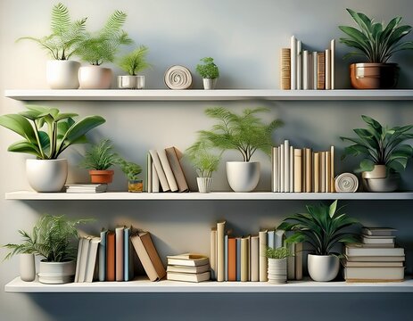 zoom background 3 floating white shelves with books and plants