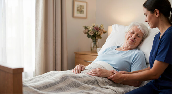 Elderly patient resting in palliative care hospice bed. Nurse holding hand of senior woman in terminal stage pain management