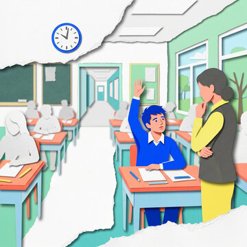 Student raising hand to ask proctor a question in classroom  