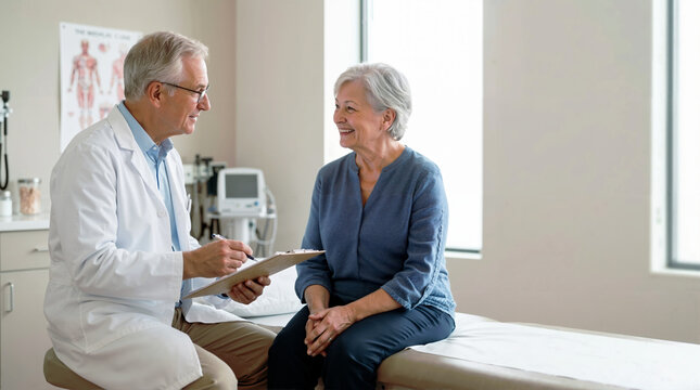 Senior doctor consulting with elderly female patient in clinic. Smiling male physician in white coat writing on clipboard during medical checkup
