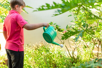 Child in a pink shirt watering plants with a green watering can. © Rawpixel.com