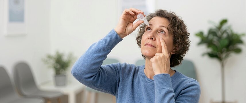 Middle aged woman applying eye drops in a bright room. Female patient administering medication for dry eyes or glaucoma treatment. Ophthalmology and vision care concept