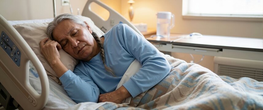 Senior man sleeping in hospital bed during recovery. Elderly patient resting in medical clinic ward