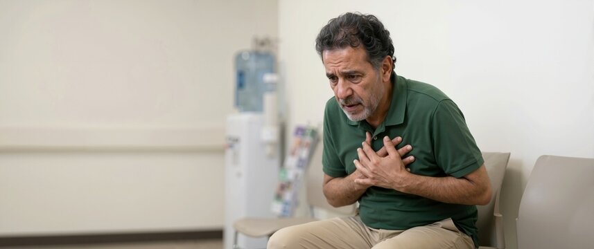 Elderly man clutching his chest in pain in a clinic waiting room. Senior male patient suffering from heart attack symptoms. Cardiovascular emergency concept