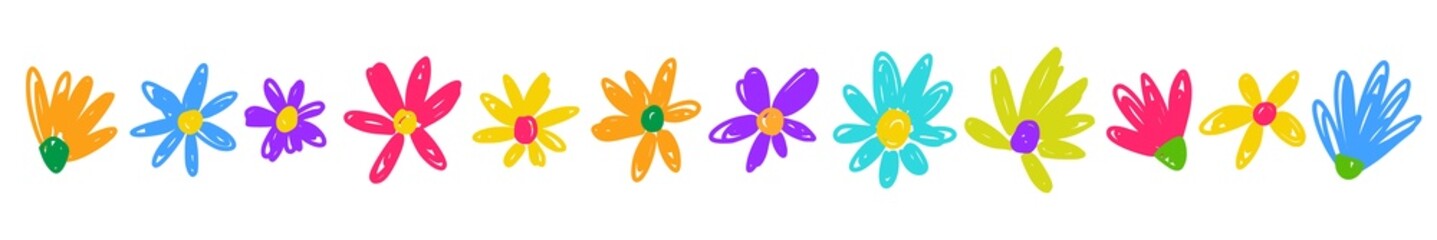 Fototapeta premium Vector horizontal pattern of multicolored flowers, hand drawn in doodle style