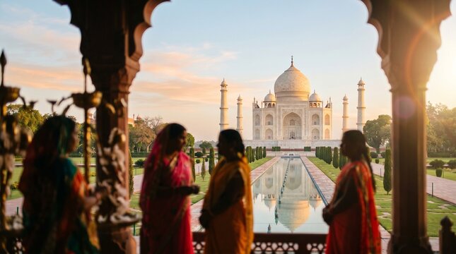 Taj Mahal ao amanhecer com mulheres indianas vestindo saris coloridos na varanda